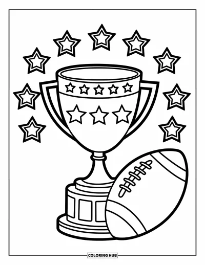 Coloriage de football américain pour enfants : Un trophée avec des étoiles et un ballon de football américain à côté sur un fond uni