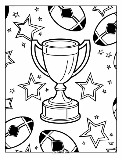 Coloriage de football américain pour enfants : Un trophée avec des étoiles et des ballons qui flottent sur un fond blanc
