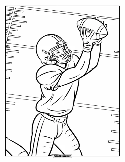Coloriage de football américain pour enfants : Un receveur saute pour attraper un ballon en plein air sur le terrain