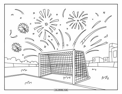 Coloriage de football américain pour enfants : Des poteaux de but en bois avec des feux d’artifice et des serpentins sur une pelouse