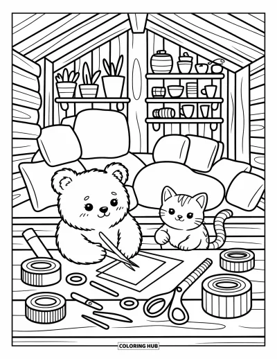 Coloriage de l'amitié pour adultes : Un ours et un chat fabriquent des cartes dans un chalet douillet avec des coussins, des plantes et de petits outils