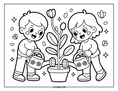 Coloriage de l'amitié pour adultes : Un garçon et une fille joyeux arrosent une plante en forme de cœur, entourés d'étincelles et de boutons floraux flottants