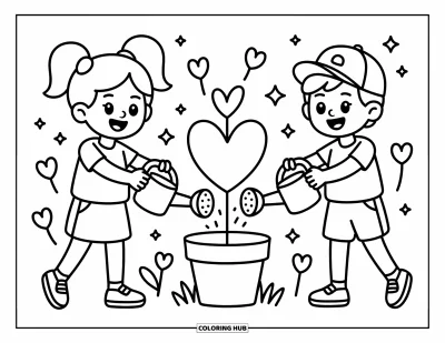 Coloriage de l'amitié pour adultes : Une fille aux nattes et un garçon avec une casquette arrosent une plante en forme de cœur avec de mignonnes arrosoires