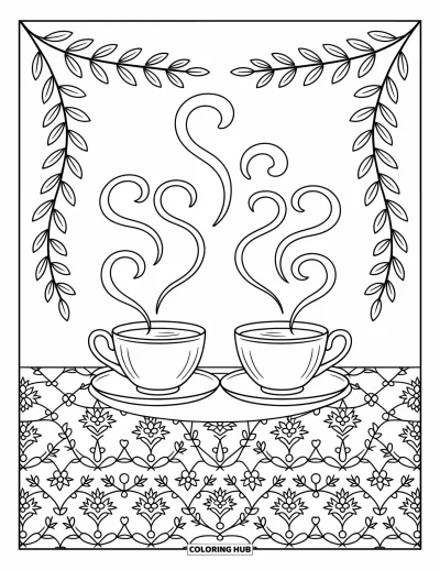 Coloriage de l'amitié pour adultes : Une paire de tasses à thé avec de la vapeur en forme de cœur posées sur une nappe fleurie tourbillonnante