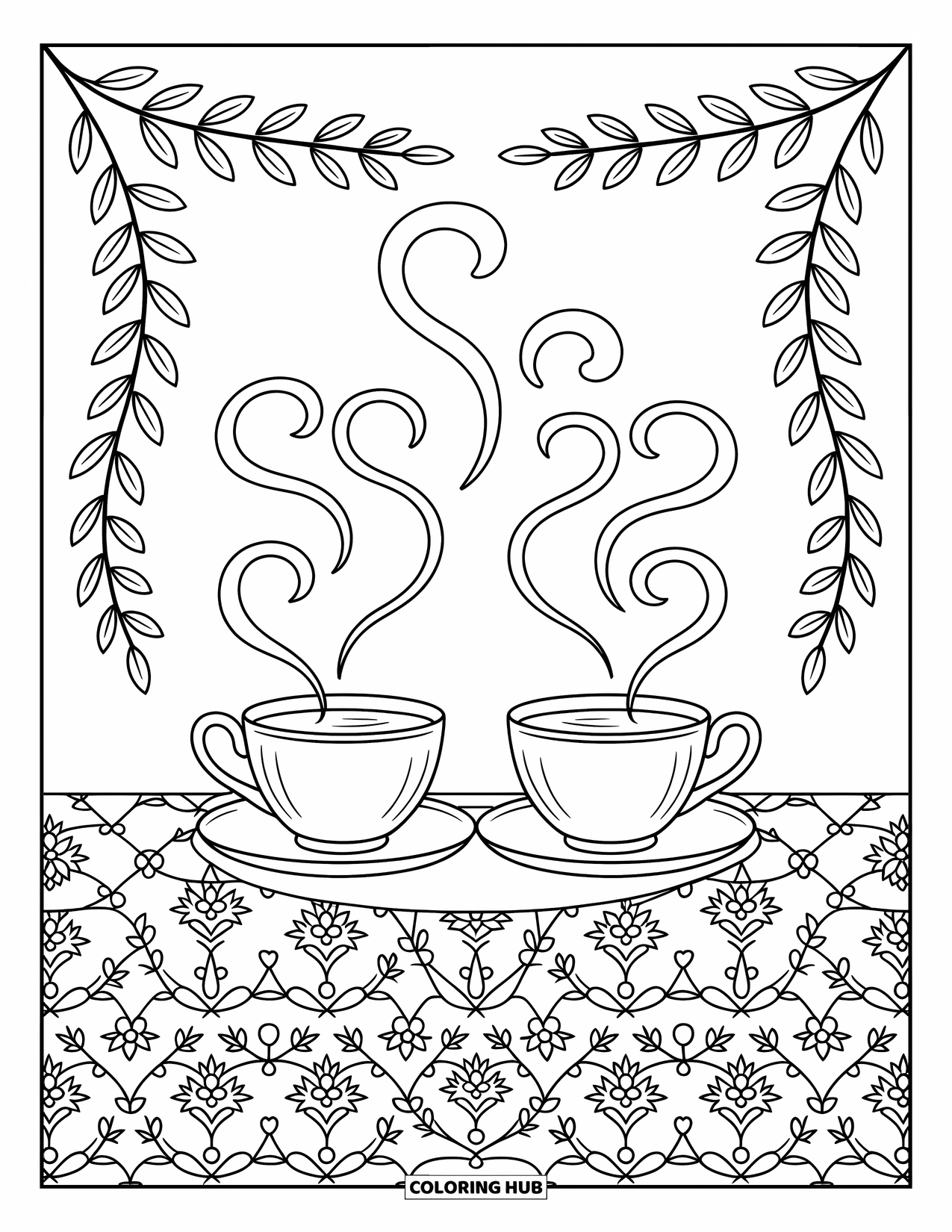 Friendship Coloring Page for Adults: A pair of teacups with heart-shaped steam sit on a swirling floral tablecloth