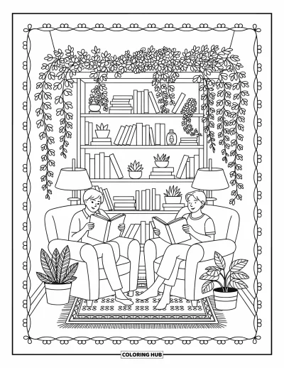 Coloriage de l'amitié pour adultes : Un coin lecture paisible avec des fauteuils, des lampes lumineuses et des plantes retombantes tout autour