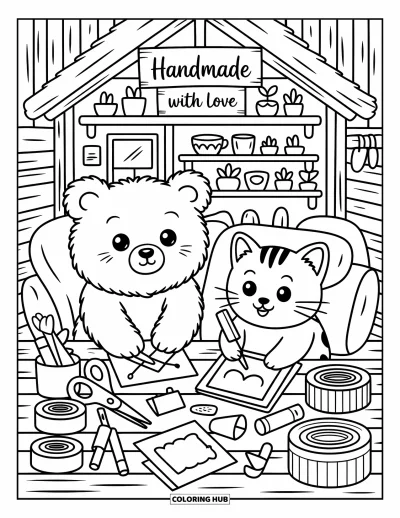 Coloriage de l'amitié pour adultes : Un ours et un chat créent des cartes dans un chalet chaleureux rempli de petites tasses à thé et de décorations