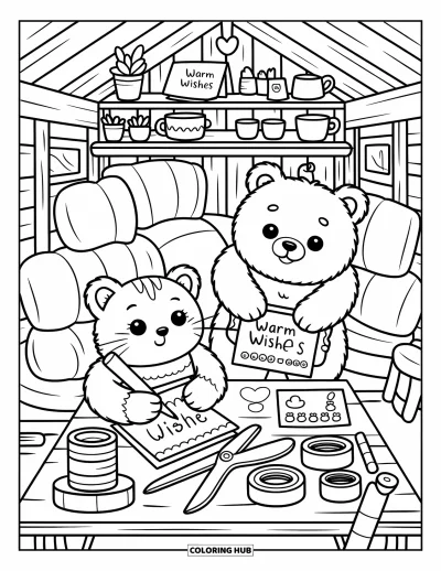 Coloriage de l'amitié pour adultes : Un ours et un chat créent des cartes dans un chalet avec des coussins moelleux et de petites fournitures