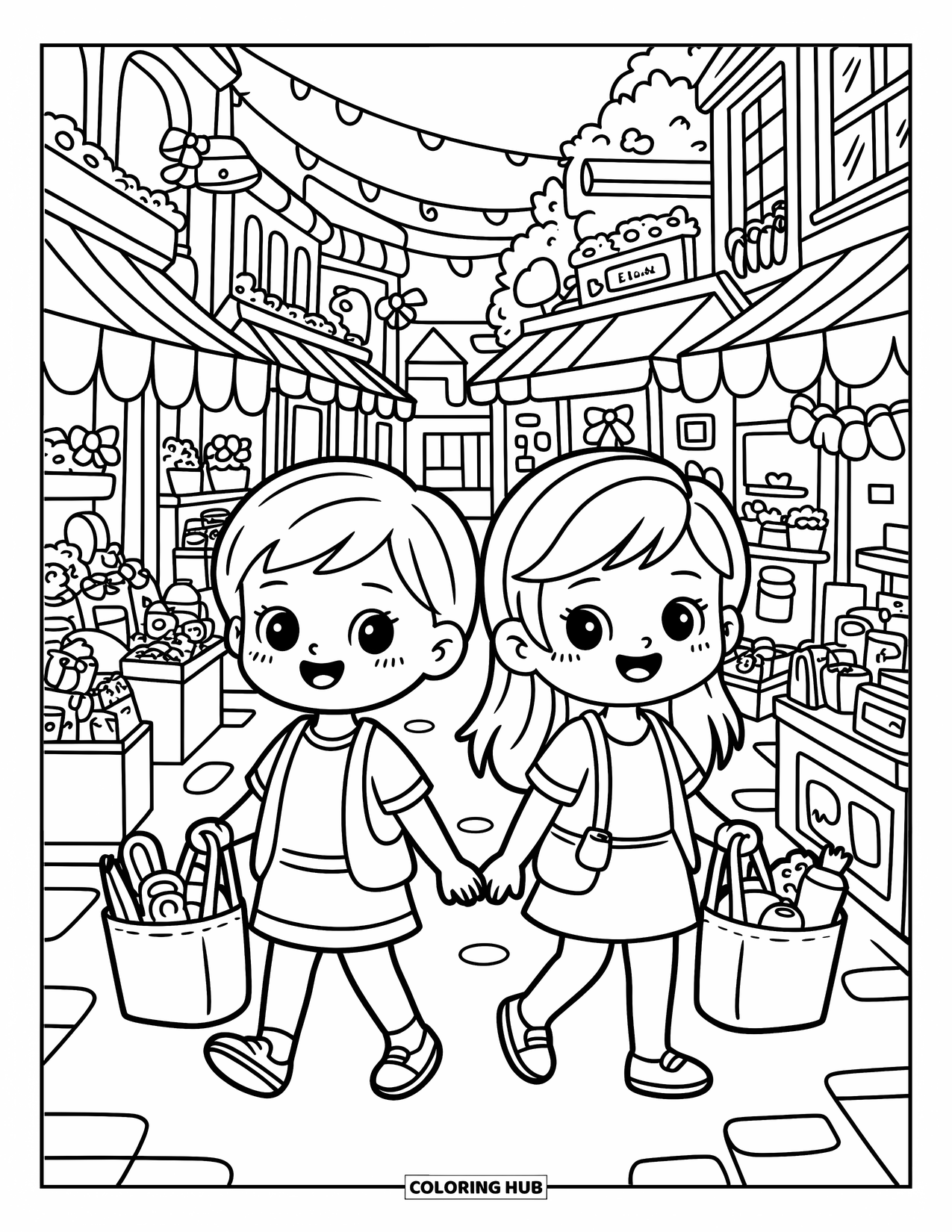 Friendship Coloring Page for Adults: Chibi friends shop at a tiny market, passing stalls filled with cute food and decorations