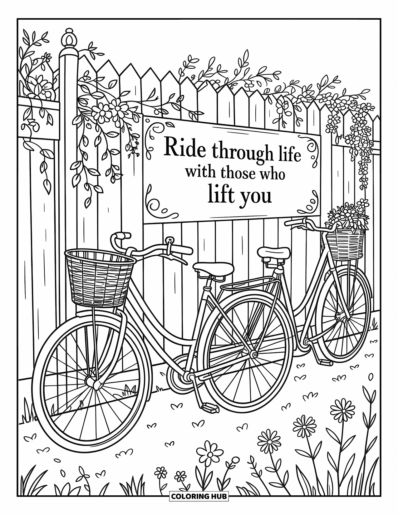 Friendship Coloring Page for Adults: Classic bikes lean on a garden fence with vines, flowers, and an uplifting quote above