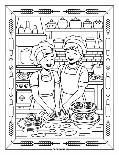 Coloriage de l'amitié pour adultes : De la farine vole pendant que deux amies préparent des viennoiseries dans une cuisine chaleureuse aux touches rétro