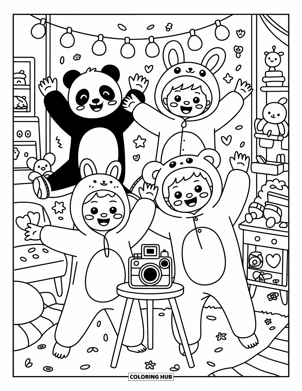 Friendship Coloring Page for Adults: Four friends in animal onesies gather around a vintage camera in a cozy, decorated room