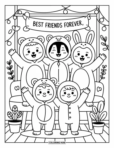 Coloriage de l'amitié pour adultes : Quatre amis souriants en combinaisons animales sous des guirlandes lumineuses et une banderole d'amitié joyeuse