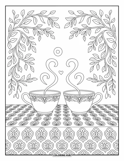 Coloriage de l'amitié pour adultes : Des tasses à thé aux motifs floraux avec de la vapeur enroulée posées sur une nappe à motifs
