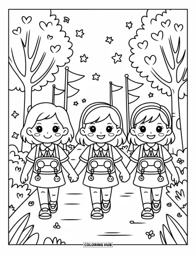 Coloriage de l'amitié pour adultes : Trois étudiants joyeux se promènent ensemble avec des sacs à dos, entourés d'étoiles, de fanions et de feuilles en forme de cœur