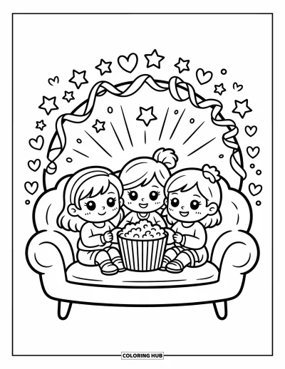 Coloriage de l'amitié pour adultes : Trois filles chibi regardent un film ensemble avec du popcorn sur un canapé moelleux en forme de nuage