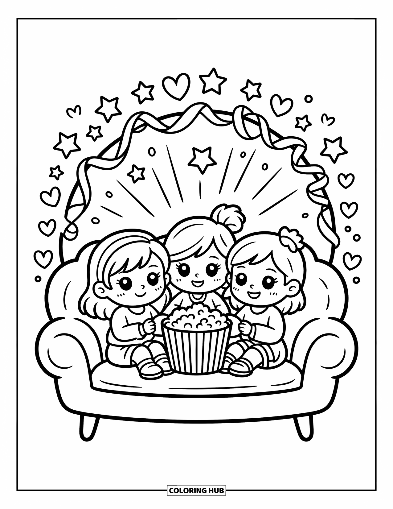 Friendship Coloring Page for Adults: Three chibi girls enjoy a movie together with popcorn on a fluffy, cloud-shaped couch