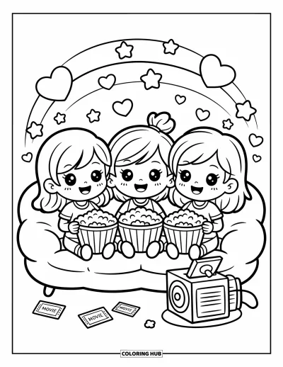 Coloriage de l'amitié pour adultes : Trois filles chibi se prélassent sur un canapé nuage, regardant un film avec du popcorn et des étoiles flottantes