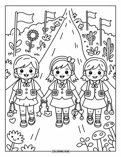 Coloriage de l'amitié pour adultes : Trois petites étudiantes descendent un chemin bordé de plantes rigolos, de fanions et de breloques de sac
