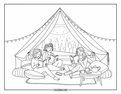 Coloriage de l'amitié pour adultes : Trois amis lisent dans une tente illuminée de guirlandes sous un ciel étoilé