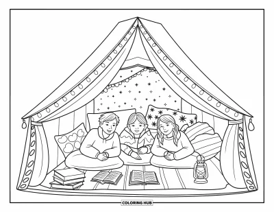 Coloriage de l'amitié pour adultes : Trois amis lisent dans une tente baignée de guirlandes lumineuses et de coussins moelleux