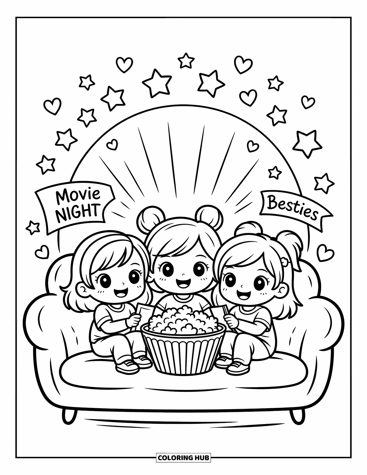 Friendship Coloring Page for Adults: Three friends share popcorn on a cozy couch under stars, hearts, and a "Movie Night" banner
