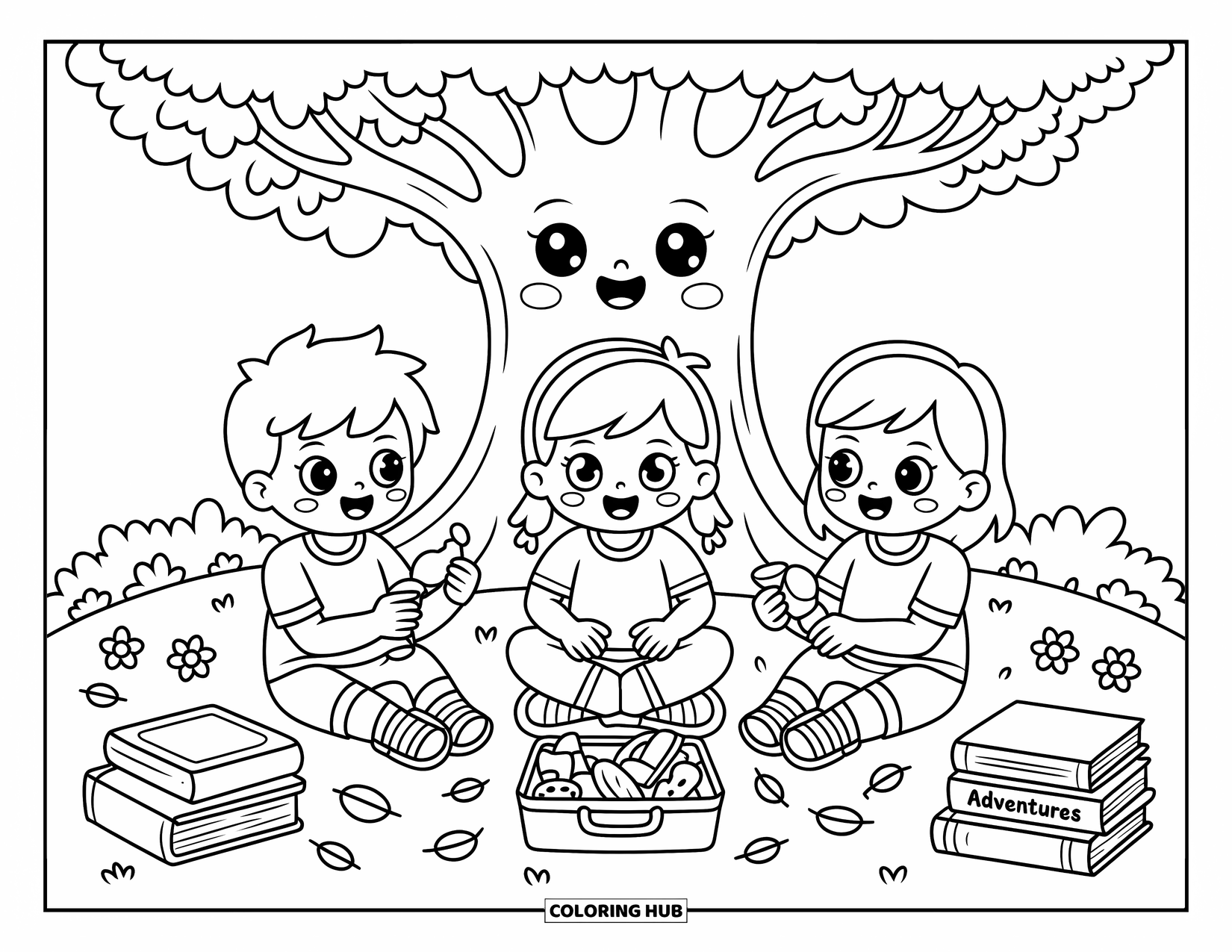 Friendship Coloring Page for Adults: Three friends with fun hairstyles enjoy snacks under a smiling tree with storybooks and falling leaves