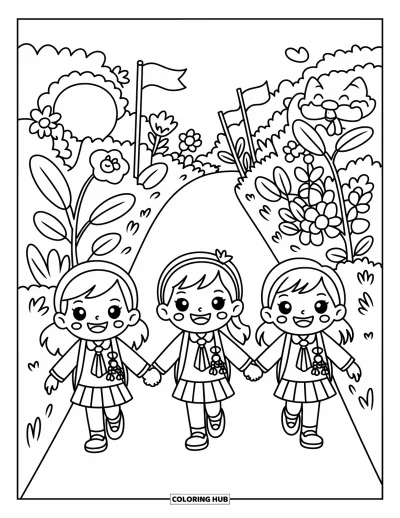 Coloriage de l'amitié pour adultes : Trois étudiants kawaii marchent main dans la main sur un chemin enchanté avec des fanions et des plantes souriantes