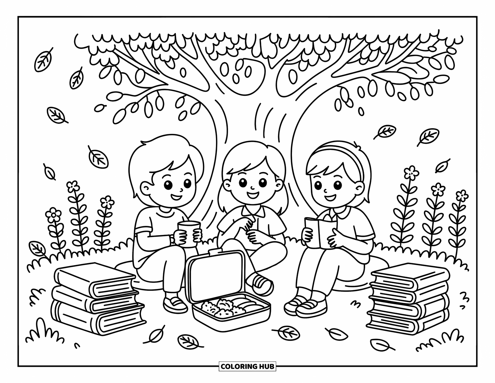 Friendship Coloring Page for Adults: Three teens gather under a leafy tree, sharing lunch near flowers, leaves, and cozy books