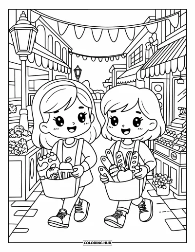 Coloriage de l'amitié pour adultes : Deux meilleures amies se promènent dans un marché plein de charme avec des sacs remplis de petites douceurs