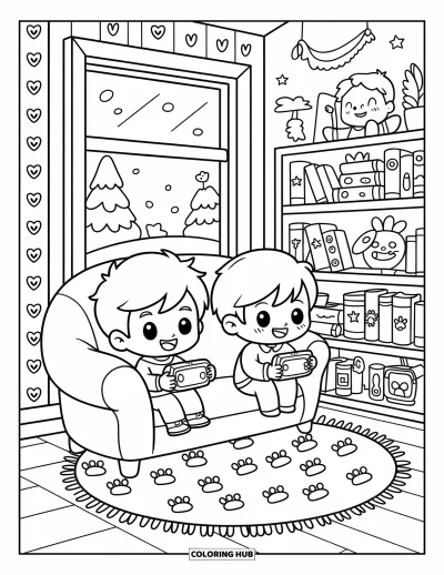 Coloriage de l'amitié pour adultes : Deux garçons jouent aux jeux vidéo dans une pièce chaleureuse avec vue sur la neige, des étagères de livres et des cœurs flottants