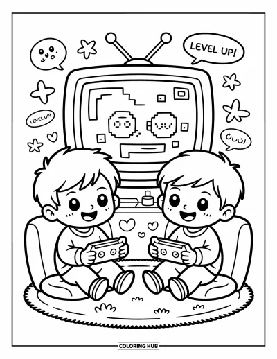 Coloriage de l'amitié pour adultes : Deux garçons jouent aux jeux vidéo sur un tapis douillet entourés d'étoiles, de bulles de dialogue et de grands sourires