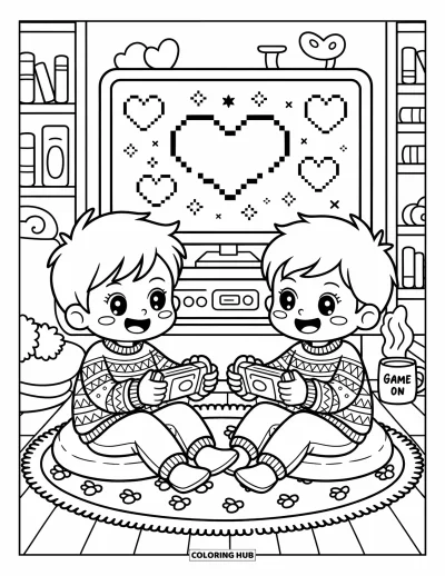 Coloriage de l'amitié pour adultes : Deux garçons en pulls à pompons jouent aux jeux vidéo dans une pièce remplie de détails chaleureux et amusants