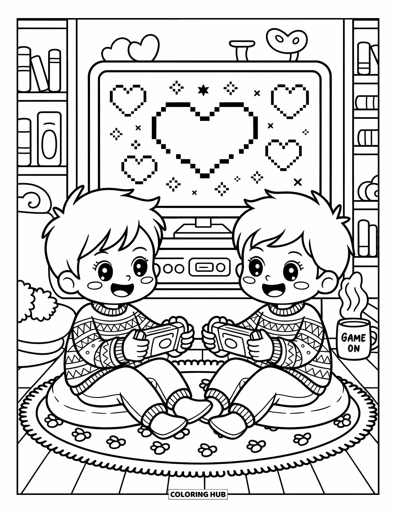 Friendship Coloring Page for Adults: Two boys wearing pom-pom sweaters play video games in a room filled with cozy, fun details