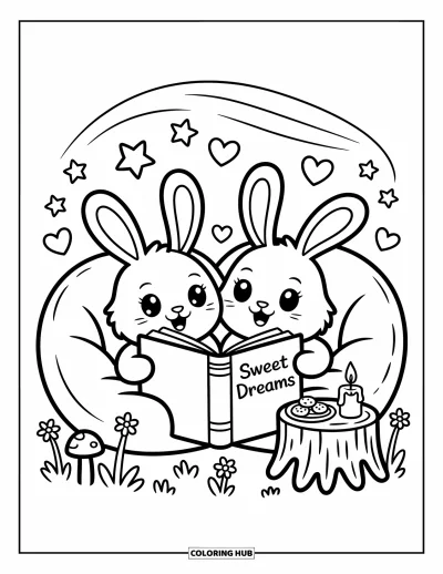 Coloriage de l'amitié pour adultes : Deux lapins lisent « Doux rêves » dans des poufs sous les étoiles, avec des biscuits et une bougie à côté