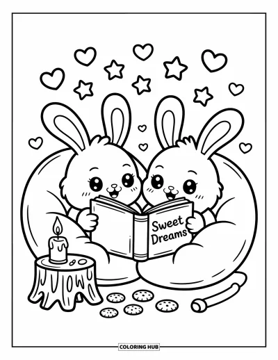 Coloriage de l'amitié pour adultes : Deux lapins blottis dans des poufs, lisant sous les étoiles avec des biscuits et une bougie allumée