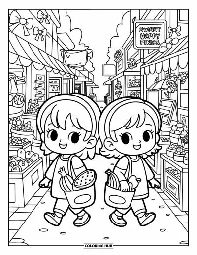 Coloriage de l'amitié pour adultes : Deux amies joyeuses explorent un marché animé avec des en-cas, des enseignes et des étals ornés de rubans
