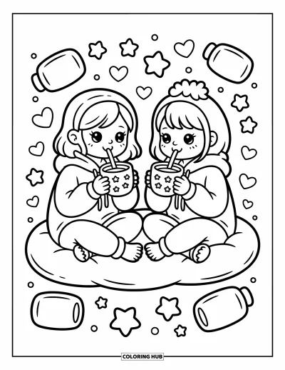 Coloriage de l'amitié pour adultes : Deux filles en sweat-shirts savourent des boissons chaudes sur un coussin moelleux avec des étoiles et des petites gourmandises flottantes