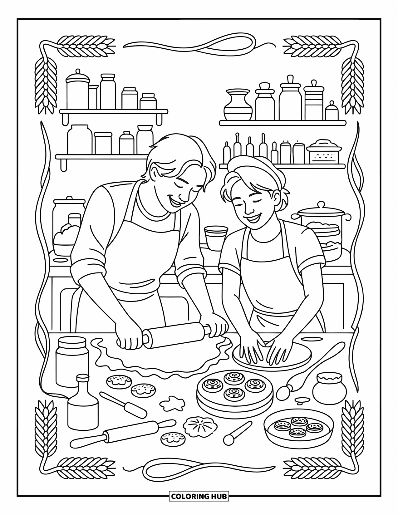 Friendship Coloring Page for Adults: Two friends bake together in a rustic kitchen filled with flour, tools, and warm pastries