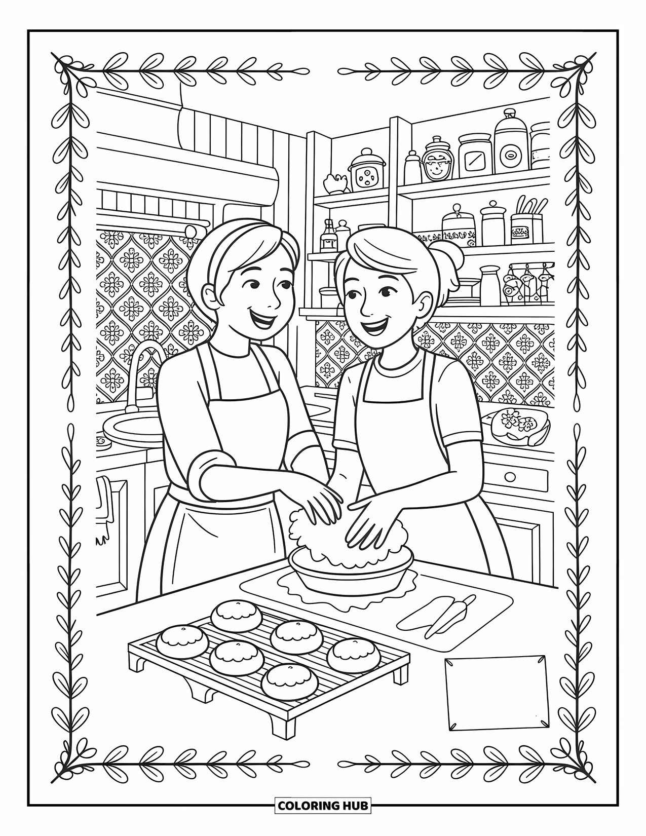 Friendship Coloring Page for Adults: Two friends bake together in a vintage kitchen with pastries and a ìSweet Momentsî sign