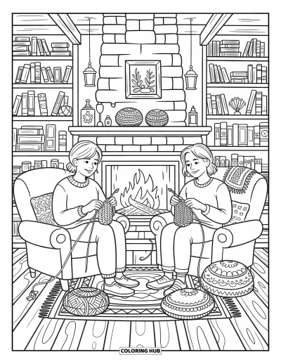 Coloriage de l'amitié pour adultes : Deux amies tricotent près d'une cheminée avec des étagères de livres, des lanternes et des coussins à motifs