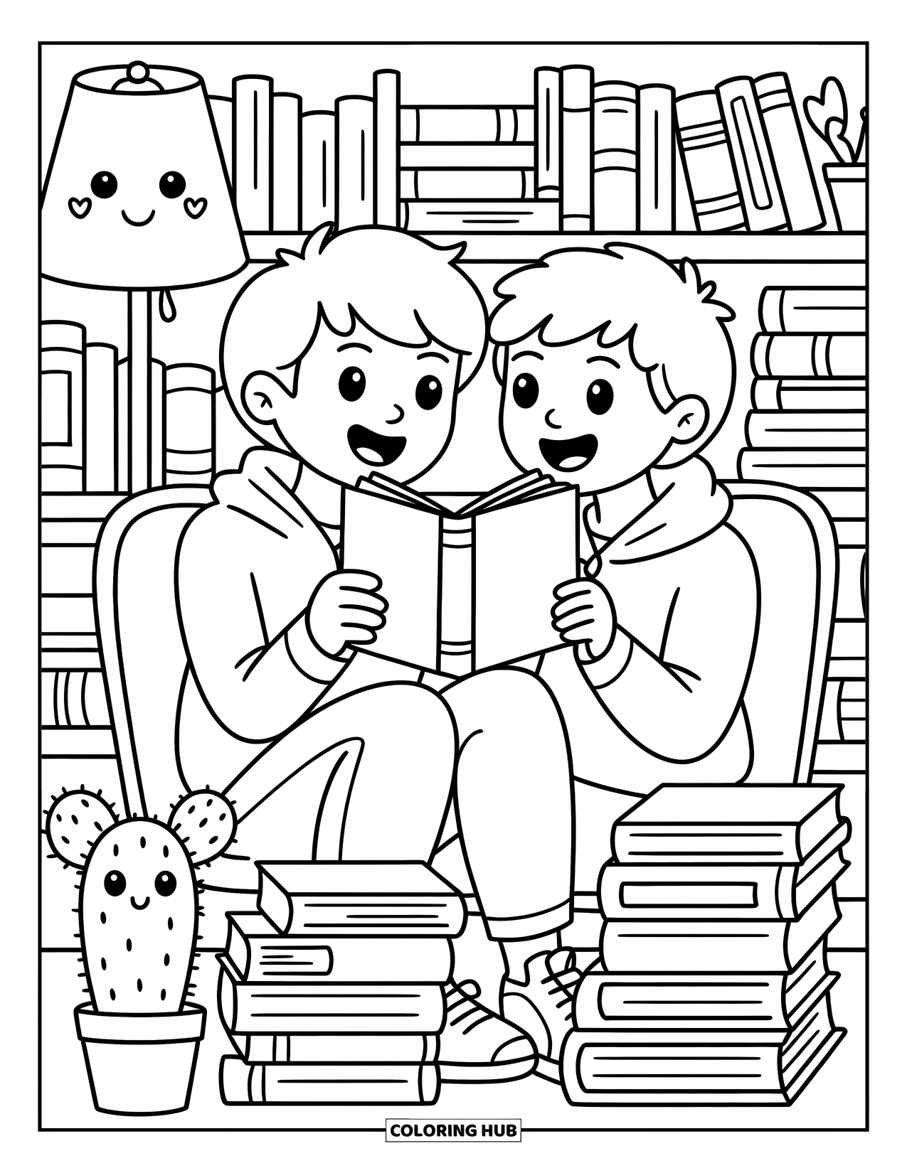 Friendship Coloring Page for Adults: Two friends share a sweet book moment in a cozy bookstore corner filled with charm