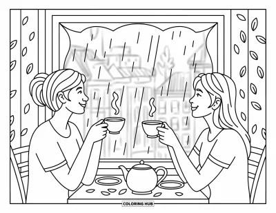 Coloriage de l'amitié pour adultes : Deux amis sirotent du thé près de la fenêtre, regardant tomber la pluie avec des sourires apaisés