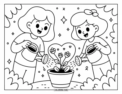 Coloriage de l'amitié pour adultes : Deux amis arrosent une plante en forme de cœur, entourés d'étincelles et de petits boutons espièges