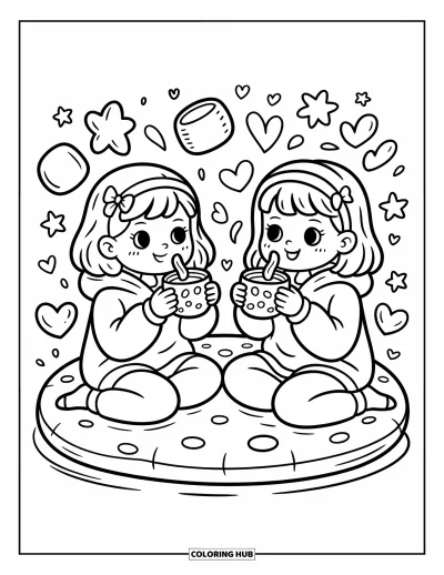 Coloriage de l'amitié pour adultes : Deux filles sirotent des boissons chaudes sur un coussin à pois, entourées de guimauves et d'étoiles