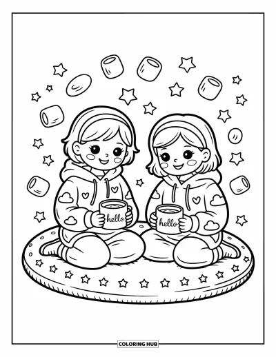 Coloriage de l'amitié pour adultes : Deux filles assises en tailleur sur un coussin étoilé, sirotant des boissons chaudes entourées de guimauves flottantes