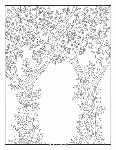 Coloriage de l'amitié pour adultes : Deux chênes forment une arche de feuillage avec des roses, des lys et de beaux détails floraux