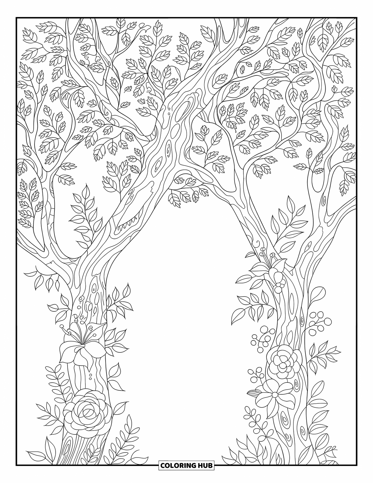 Friendship Coloring Page for Adults: Two oak trees form a leafy archway with roses, lilies, and elegant floral details