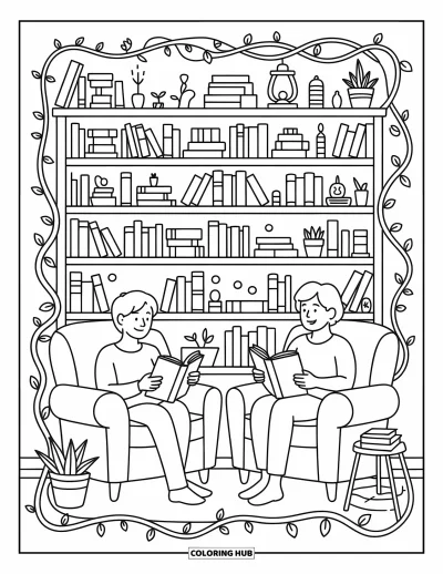 Coloriage de l'amitié pour adultes : Deux lecteurs se détendent dans un coin douillet, entourés de livres, de plantes grimpantes et de lumières chaleureuses