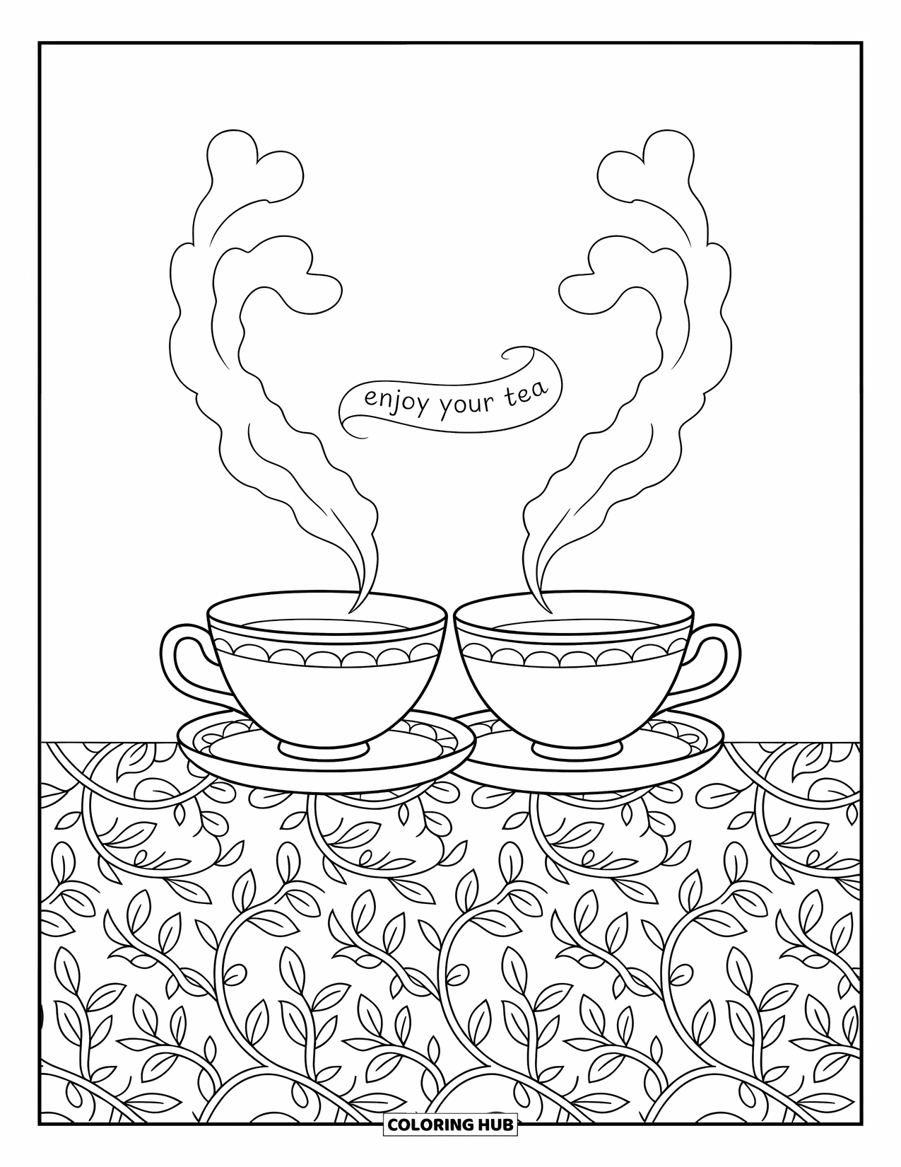 Friendship Coloring Page for Adults: Two teacups sit on a floral tablecloth with heart-shaped steam rising between them